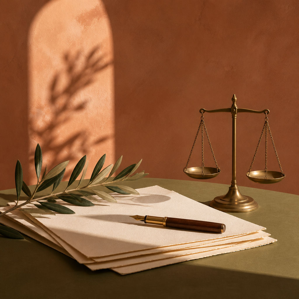 Balanza de justicia junto a hojas de papel y una rama de olivo.